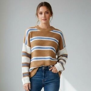 American Eagle Oversize Cozy Waffle Knit Striped Tan & White Sweater XS